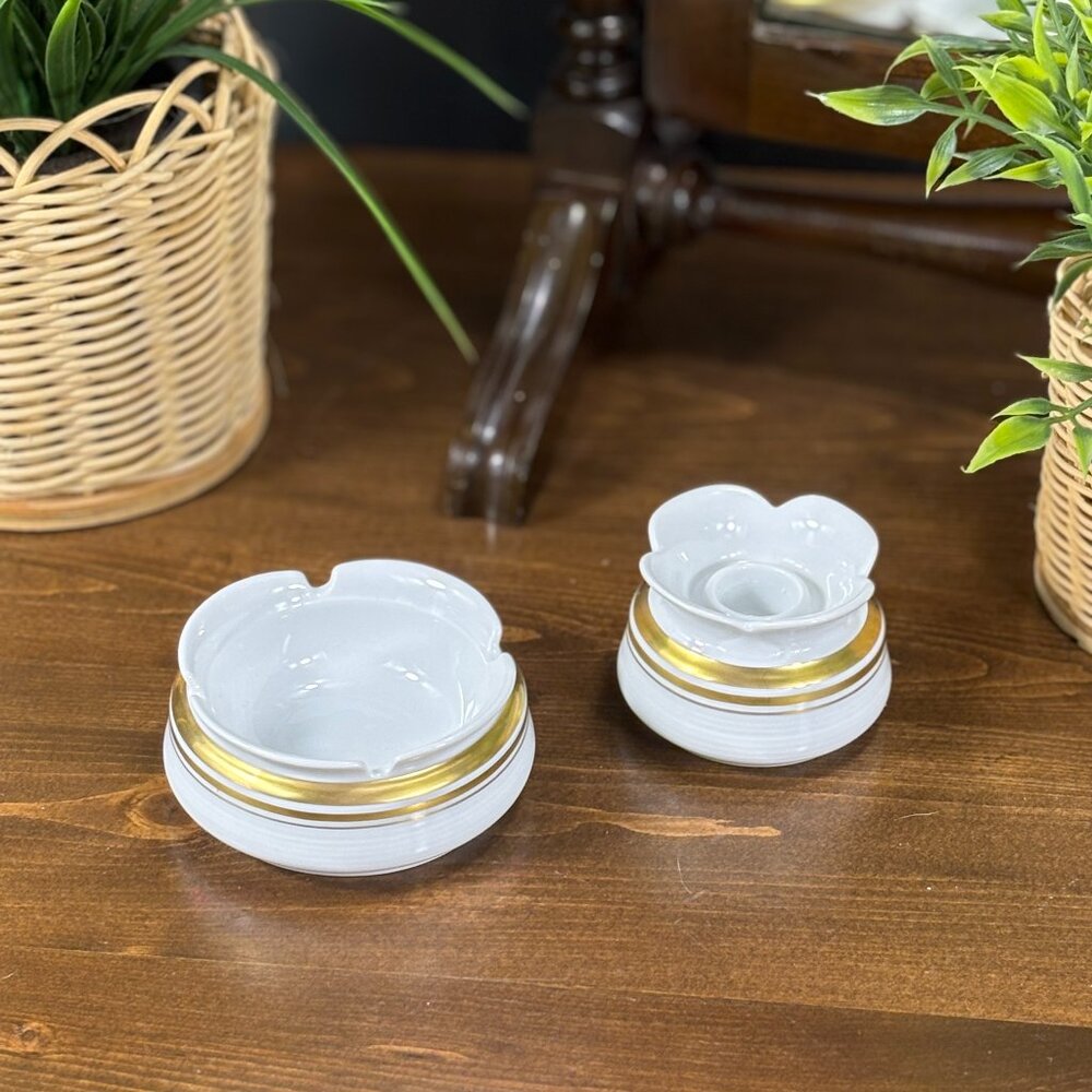 Vintage Bavarian Porcelain Candle Holder & Trinket Dish Set by Tirschenreuth